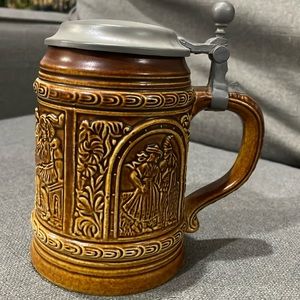 Vintage Beer Stein with Pewter Lid and Scene People drinking and dancing